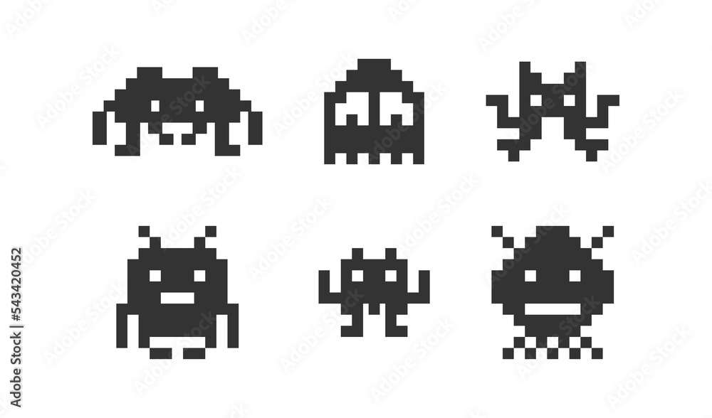 Pixel Monsters game icons set. 8 bit space alien illustration symbol. Invaders vector flat