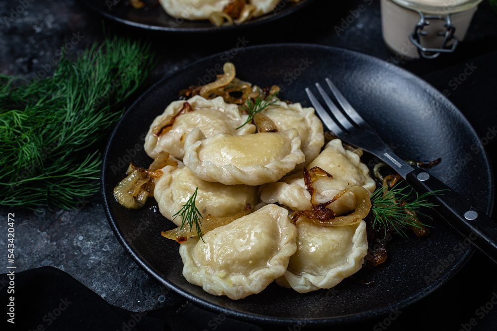 Vareniki with potatoes and onions in a plate. Ukrainian food Vareniki with potatoes and onions in a plate. Ukrainian food