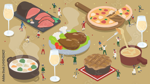 クリスマスパーティの豪華な料理と人々