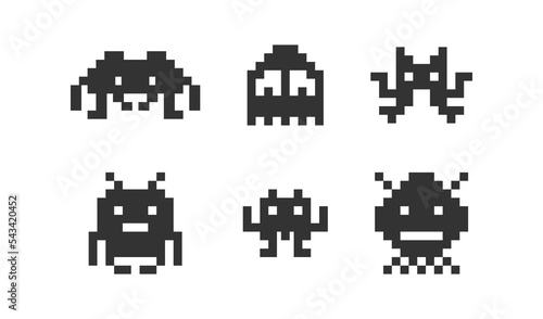 Pixel Monsters game icons set. 8 bit space alien illustration symbol. Invaders vector flat © John Design