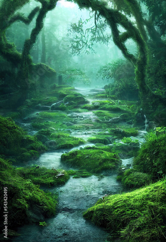 AI generated image of a small stream flowing through the forest bed