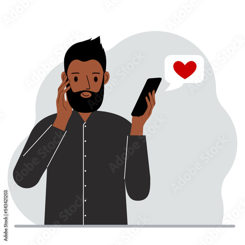Satisfied man reads a message on his mobile phone. Message with red heart. Vector