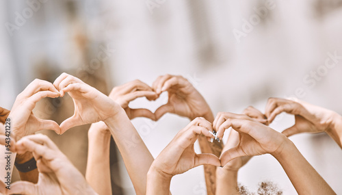 Heart sign, hands in air and peace for love, solidarity and have hope together for humanity. Community, hand gesture in air and being loving for collaboration, people equality and justice in society.