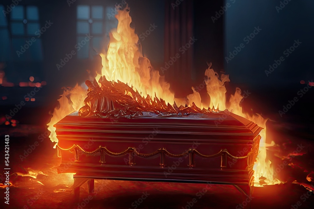 Crematory interior with coffin burning in flames. Cremation in