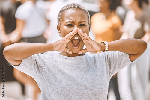 Protest speaker, rally and woman shout for world change, freedom or fight for human rights, women equality or revolution. Racism, blm and announcement speech from black girl or social justice warrior photo