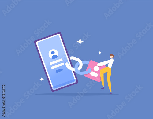 link with account. connecting or linking accounts. login using an email account. a user chained his account with a smartphone. technology. illustration concept design. app, software, ui, landing page