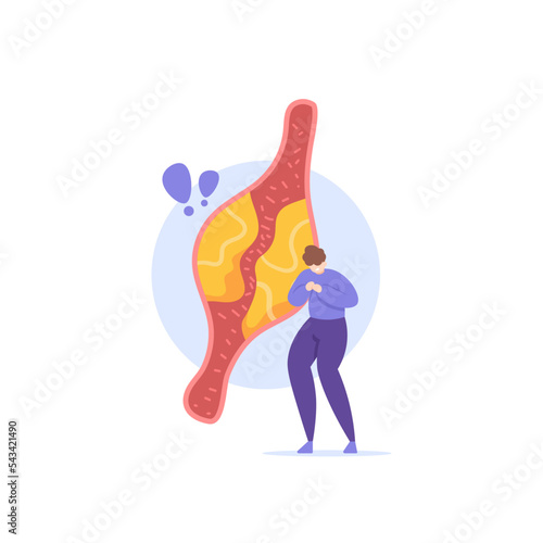 blockage of blood vessels or atherosclerosis. hardening and narrowing of blood vessels due to the buildup of plaque on the walls of blood vessels. chest tightness and pain. A man holds his chest