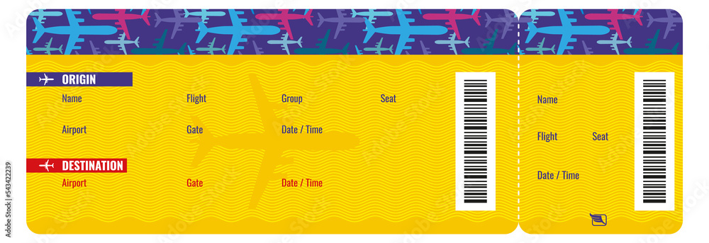 Airplane ticket template. Travel document. Boarding pass
