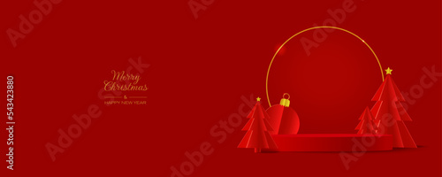 Red podium with red christmas tree in paper cut style. Merry Christmas and Happy New Year banner.