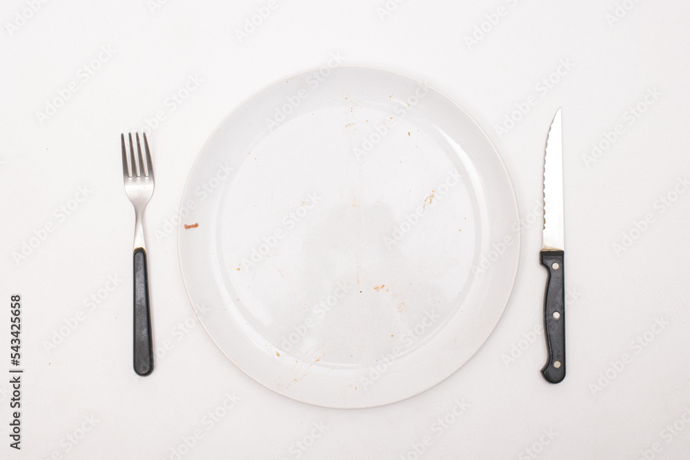 Zero, empty plate - Pizza pieces series as illustration of division in maths, isolated on white