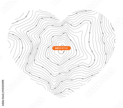 Vector background with a black textured topographical outline of K2 forming a heart symbol
