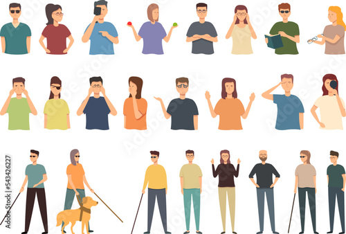 Visual impairment icons set cartoon vector. Blind dog. Partially reading