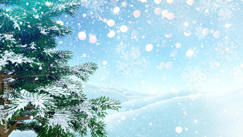 3D Christmas background with tree and snowflakes