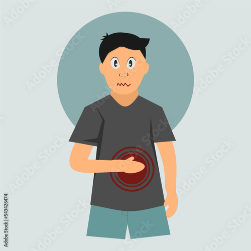 indigestion, nausea and vomiting, pain in the abdomen and stomach, ulcer, biliary colic, side effect, sick person holding his stomach with his hand, eating stale food and alcohol, health problems