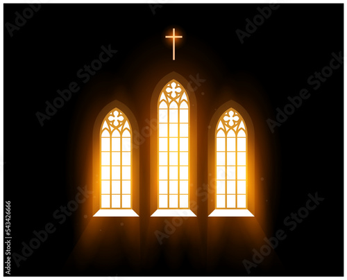 Blessing light flows through church window, morning radiance via stained-glass window in temple, liturgy pray, vector