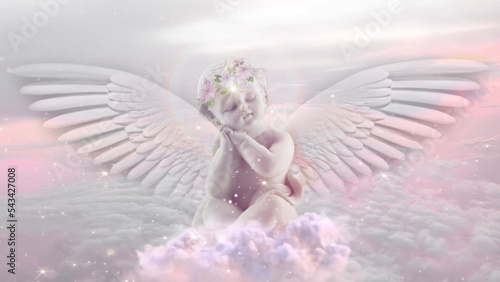 Canvastavla Baby Angel figurine sitting on a fluffy cloud 3D illustration, cover image, thum