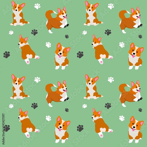Seamless Pattern with Cartoon Corgi Dog Design on Green Background. Seamless corgi pattern for typography  wrapping paper or textile.