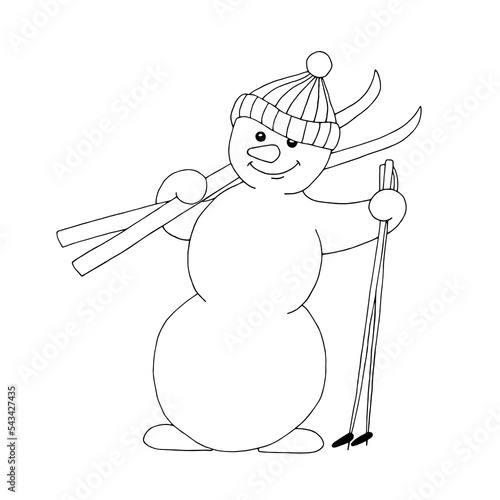 Cheerful snowman in a hat with skis. Winter fun. Christmas Holidays. Vector. Doodle. Hand-drawn illustration. Sketch. Silhouette. Black and white. Contour. Coloring
