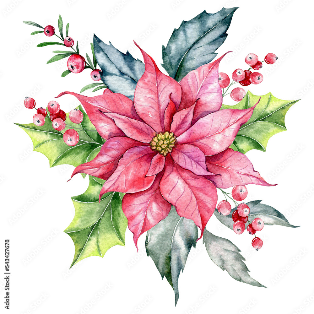 Christmas Composition with Poinsettia, Greenery and Sweets Hand Painted Watercolor Illustration
