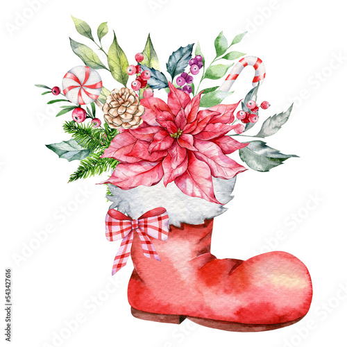 Santa's Socks with poinsettia, greenery and sweets hand painted watercolor illustration isolated on white. Christmas decorations