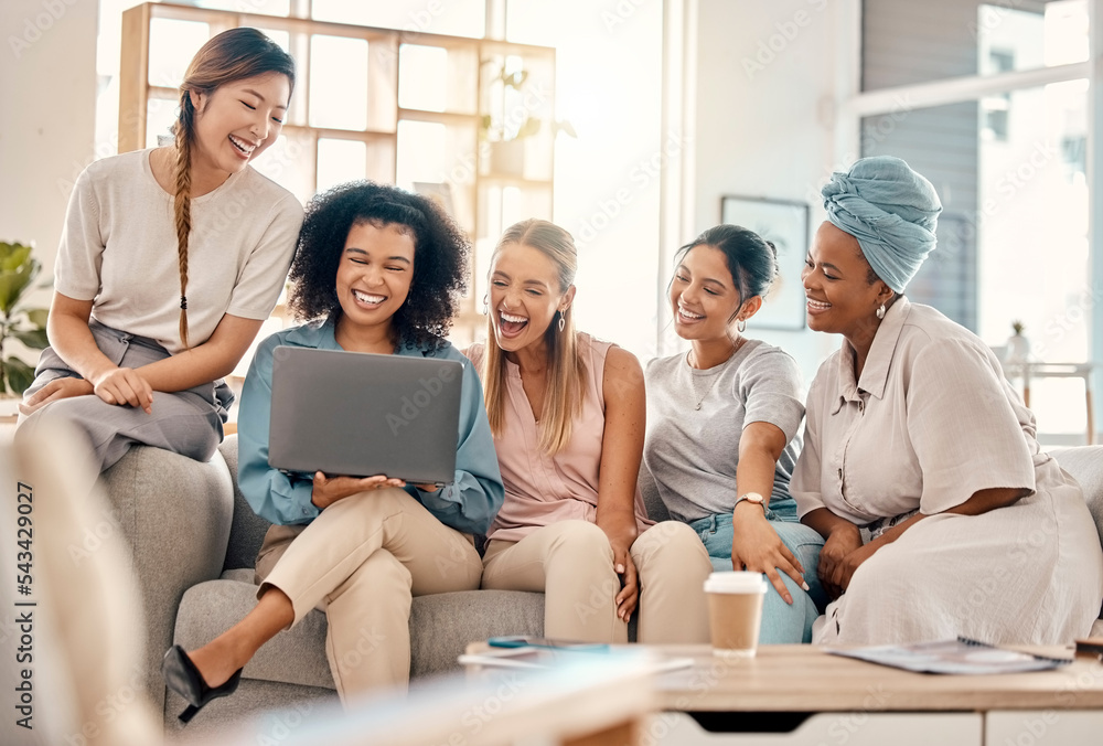 Business women, success and laptop, collaboration at startup with technology, watching video or streaming for research. Diversity, funny and happy work environment with team at female owned company. Business women, success and laptop, collaboration at startup with technology, watching video or streaming for research. Diversity, funny and happy work environment with team at female owned company.