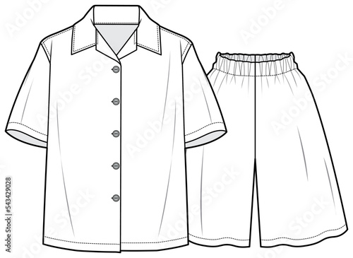 pyjama set short sleeve shirt and elastic waist short pant flat sketch vector illustration technical cad drawing template
