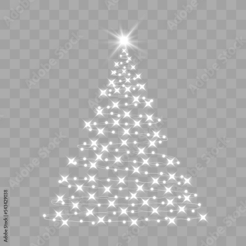 Shiny Christmas tree. Glittering lights in the form of a Christmas tree with bright shining and glowing particles. Golden glowing spruce in a luxurious design. Vector illustration on png background.