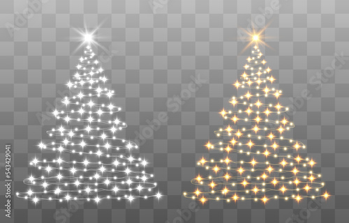 Shiny Christmas tree. Glittering lights in the form of a Christmas tree with bright shining and glowing particles. Golden glowing spruce in a luxurious design. Vector illustration on png background.