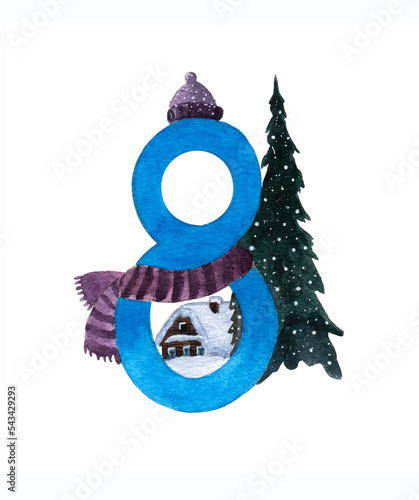 The number Eight for the winter calendar, postcards. Watercolor illustration.