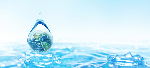 World Water day concept with world in clean water drop on nature green and water ripples design, Environment save and ecology theme concept, Elements of this image furnished by NASA