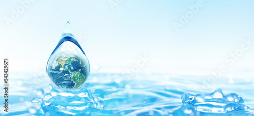 World Water day concept with world in clean water drop on nature green and water ripples design, Environment save and ecology theme concept, Elements of this image furnished by NASA