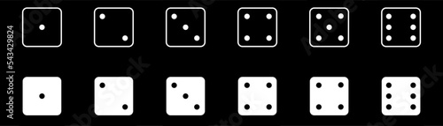 Game of dice. Game dice set isolated on white and black backgrounds. Bones in flat and linear design from one to six. Vector illustration