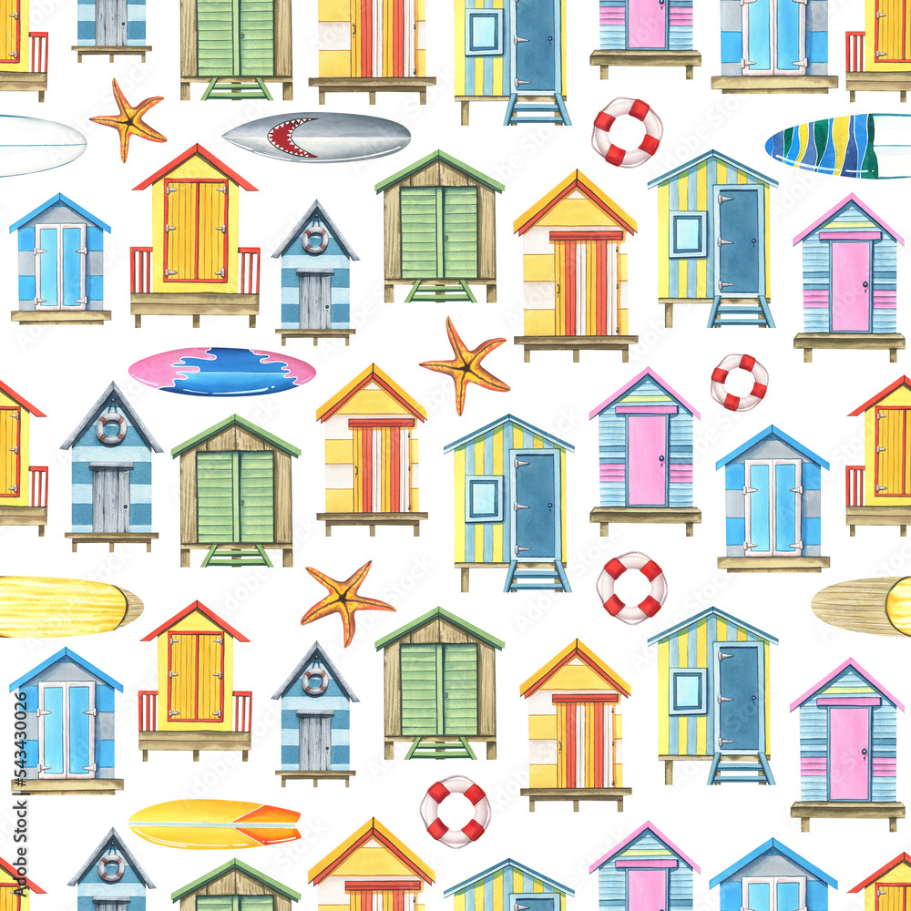 Beach, fishing houses with surfboards, a lifebuoy and starfish. Watercolor illustration. Seamless pattern on a white background from the SURFING collection. For decoration and design.