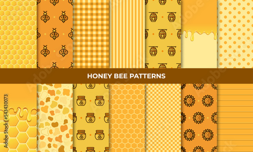 Bee pattern collection. Summer set. Cute flying bees flowers honey. Sweet honey background for beekeeping products. Vector illustration photo