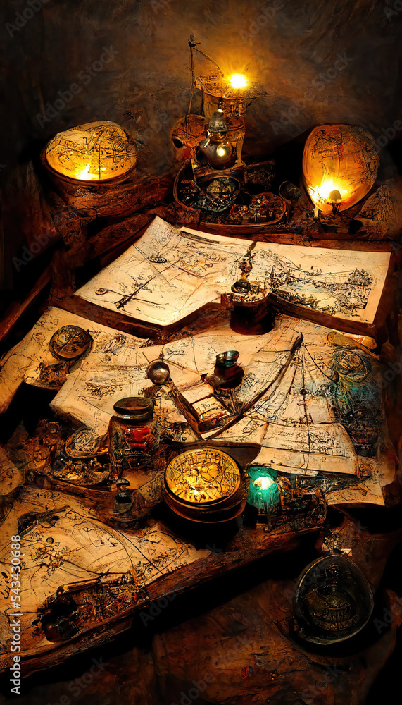 AI generated image of maps with various nautical tools lying on the table of a pirate captain