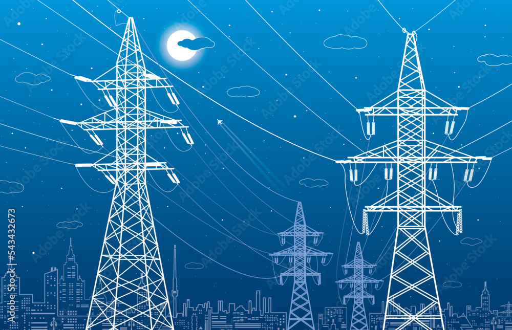 High voltage transmission systems. Electric pole. Power lines. A