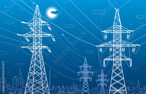 High voltage transmission systems. Electric pole. Power lines. A network of interconnected electrical. White otlines on blue background. Vector design illustration