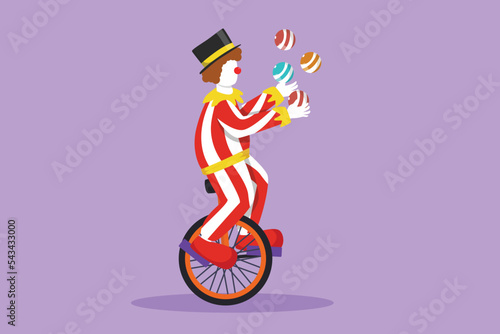 Cartoon flat style drawing attractive male clown juggling on a bicycle. The playing clown was very funny and entertained the audience. Circus show event performance. Graphic design vector illustration