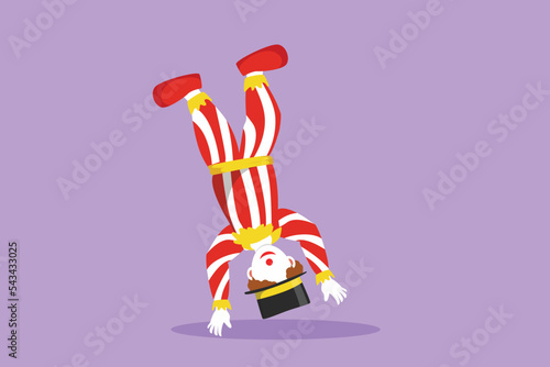 Character flat drawing of male clowns perform handstand stunts which amaze audience. Really great show on the circus stage this time. Success business entertainment. Cartoon design vector illustration