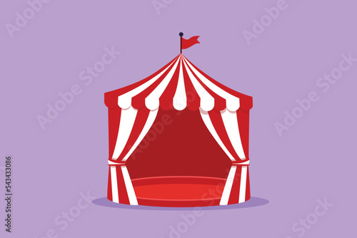 Graphic flat design drawing circus tent shaped like pentagon with stripes and flag on top. Where clowns, magicians, animals perform. Success business entertainment. Cartoon style vector illustration