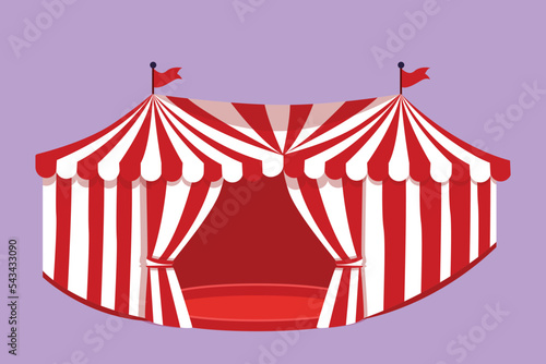 Cartoon flat style drawing of two circus tents together with stripes and flags at the top. Show place for clowns, magicians, animals. Success business entertainment. Graphic design vector illustration
