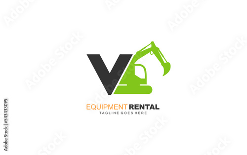 V logo excavator for construction company. Heavy equipment template vector illustration for your brand.