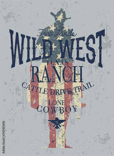 Wild West cowboy cattle drive trail vintage grunge vector print for western wear boy man t shirt