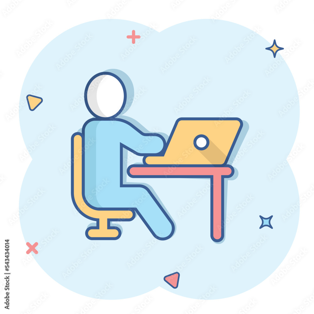 Fototapeta premium People with laptop computer icon in comic style. Pc user cartoon vector illustration on white isolated background. Office manager splash effect business concept.