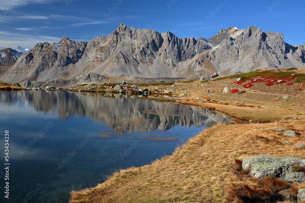 Reflections of the Laramon lake, located in Vallee de la Claree (Claree Valley) above Nevache village, Hautes Alpes (French Southern Alps), France, with mountain peaks in the background
Reflections of the Laramon lake, located in Vallee de la Claree (Claree Valley) above Nevache village, Hautes Alpes (French Southern Alps), France, with mountain peaks in the background