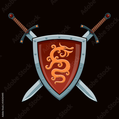 Shield with dragon and crossed swords - medieval coat of arms. Vector illustration
