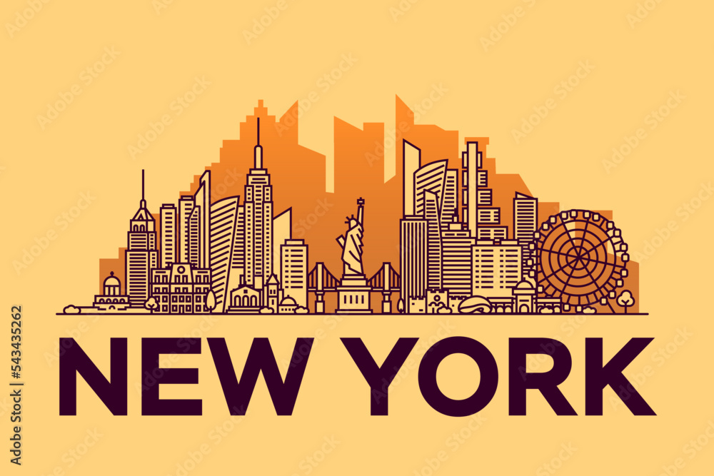 New York, USA architecture line skyline illustration retro style. Linear vector cityscape with famous landmarks, city sights, design icons. Landscape with editable strokes.