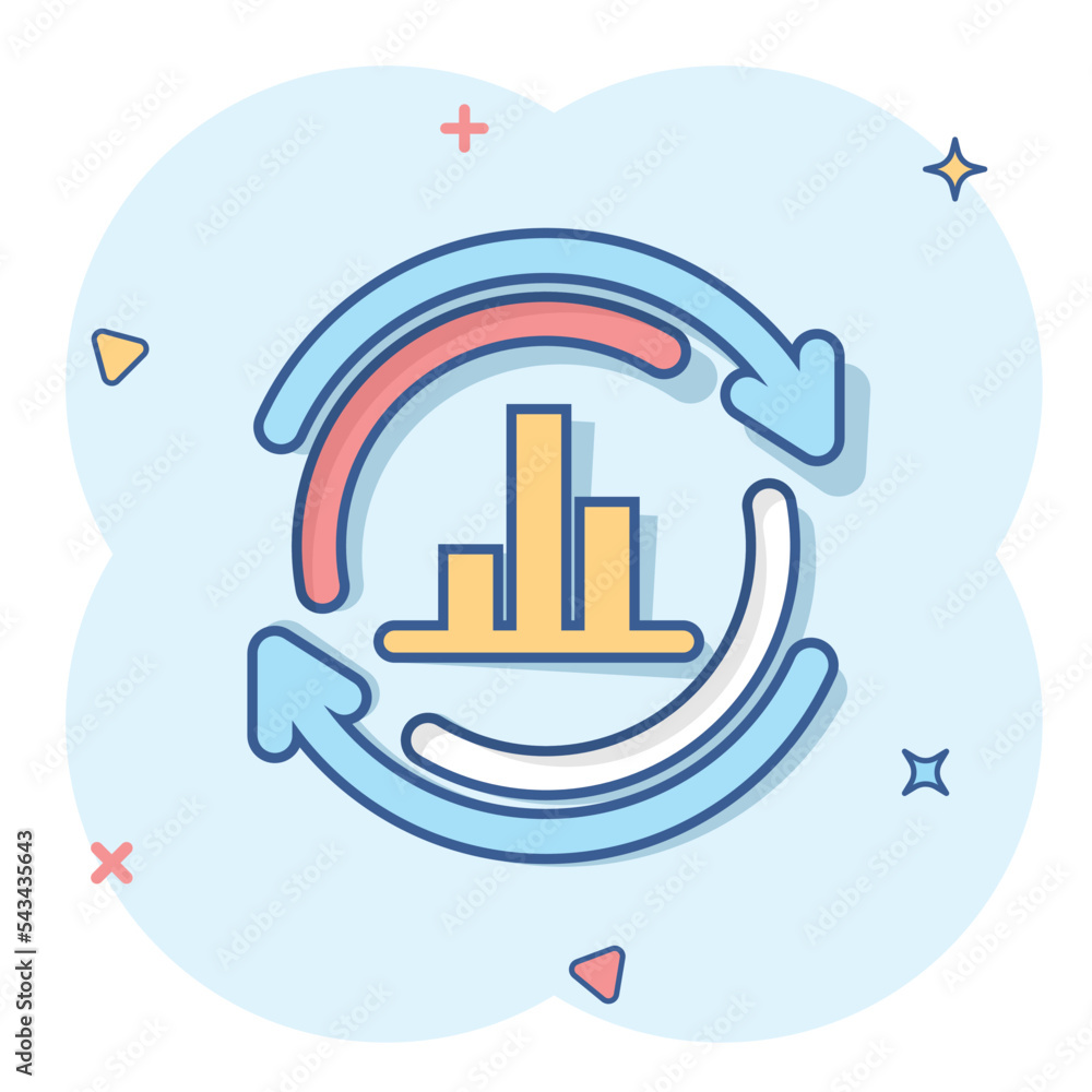 Obraz premium Growing bar graph icon in comic style. Increase arrow cartoon vector illustration on white isolated background. Infographic progress splash effect business concept.