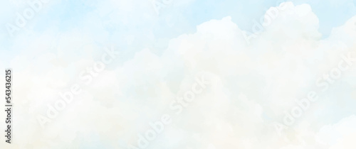 Blue vector watercolor art background with white clouds and blue sky for flyers, cards, poster, cover or design interior. Hand drawn vector texture. Heaven. Watercolour banner. Abstract template.