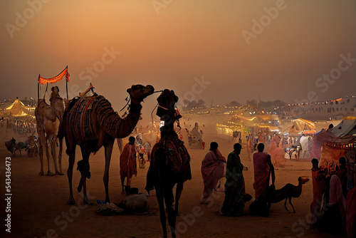 Silhouette of Camels against Golden light of the Sunrise at Pushkar Camel Fair/mela  photo